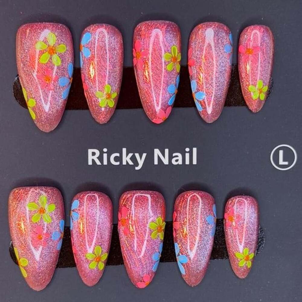 Ricky Nail Floral Press-On Nails Size L Pink Glitter Cat Eye